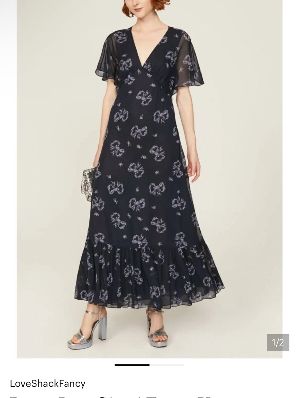 LoveShackFancy Kover Navy Floral V-Neck Ruffle-Hem Maxi Dress